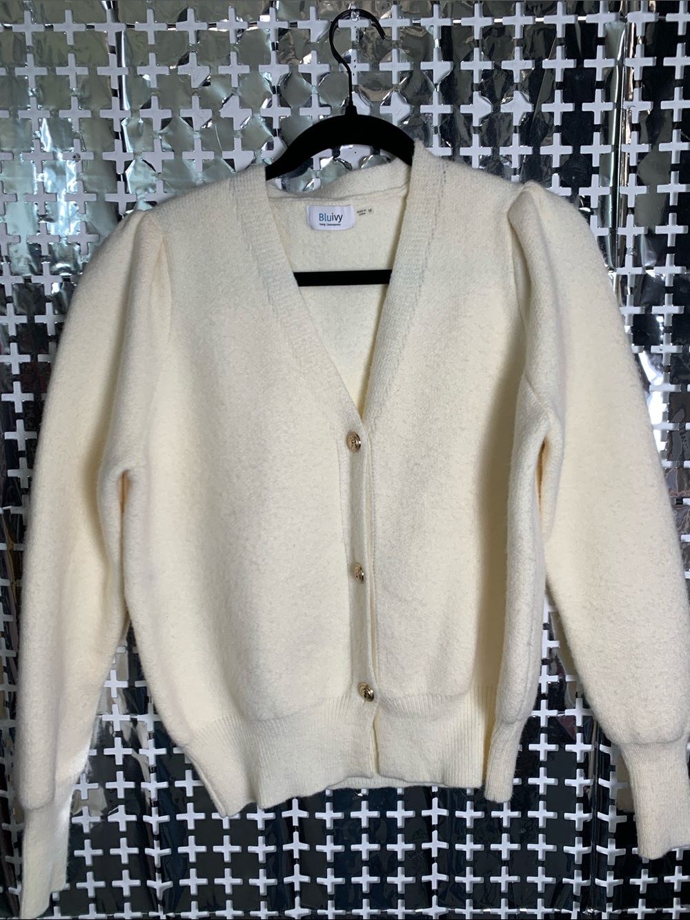 Bluivy Ivory V-Neck Button Front Cardigan with Puff Shoulders